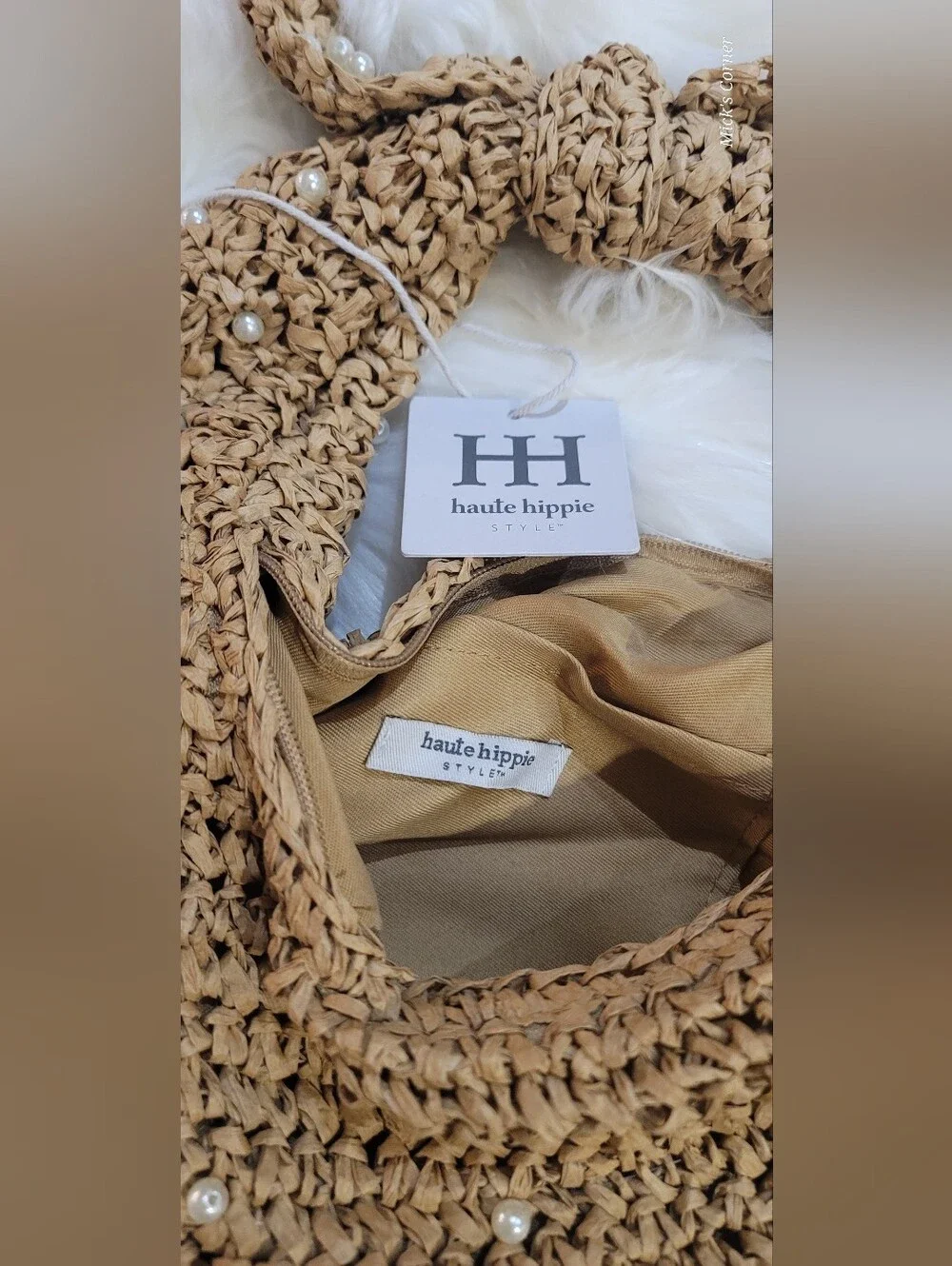 Haute Hippie Hand Bag Faux Pearls Natural Beige Straw Crescent Hobo Boho Coastal